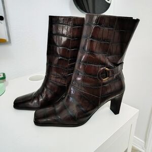 Amanda Smith Croc-Embossed Mid-Calf Leather Boots Size 7M